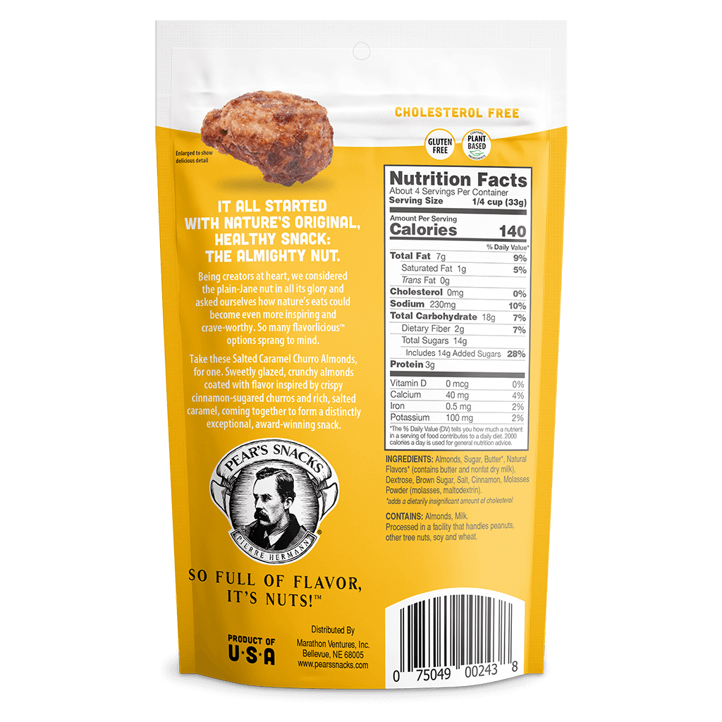 Salted Caramel Churro Inspired Almonds. Image of the back portion of a single package. Ingredients: Almonds, Sugar, Butter, Natural Flavors, Dextrose, Brown Sugar, Salted Cinnamon, Molasses Powder. Contains: Almonds, Milk.