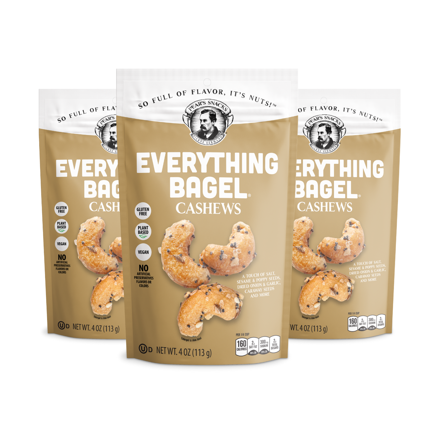 Three packages of Everything Bagel Cashews on a white background