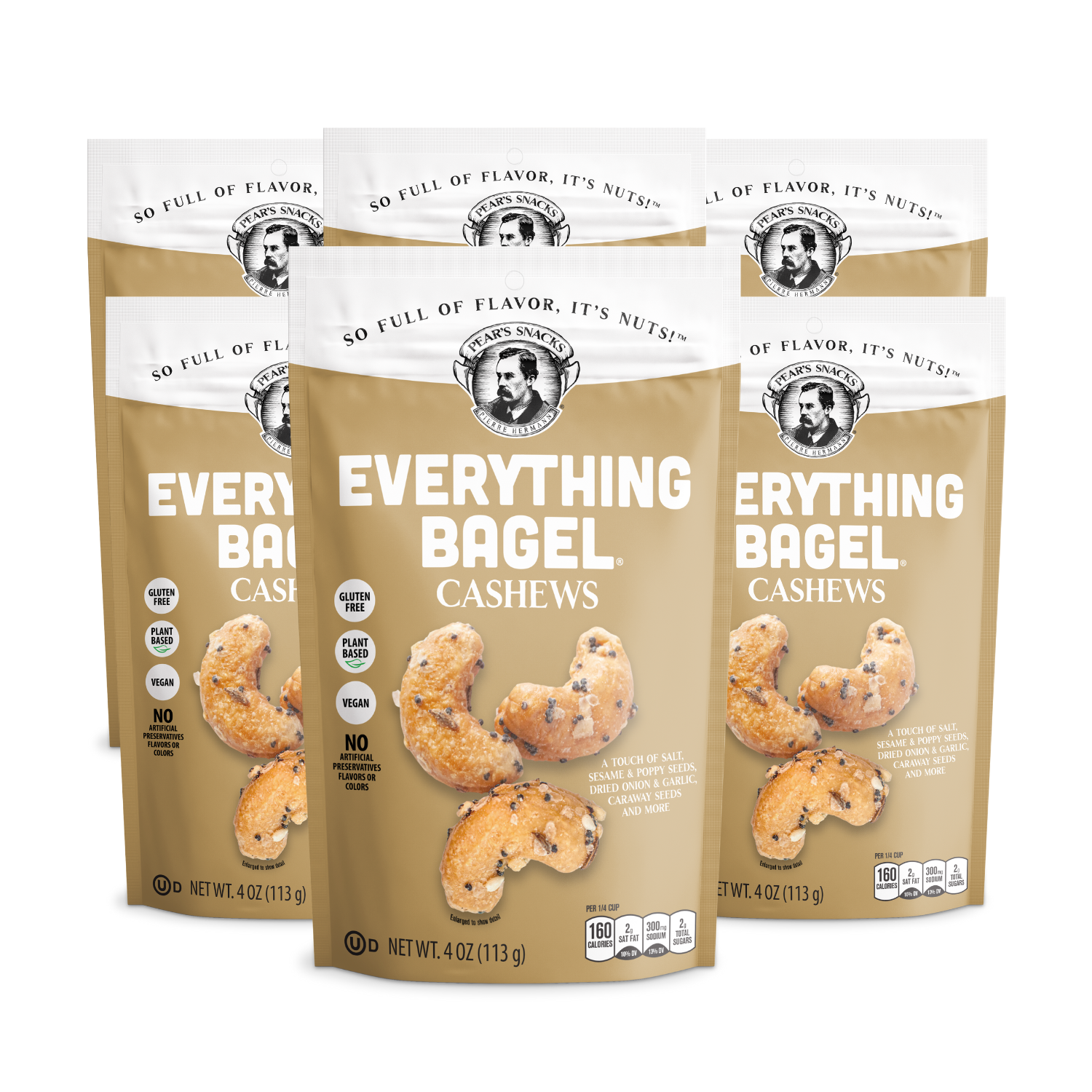 Three packages of Everything Bagel Cashews on a white background