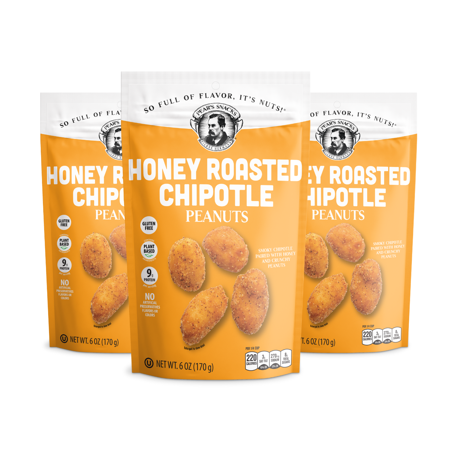 Three packages of Honey Roasted Chipotle Peanuts on a white background