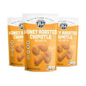 Three packages of Honey Roasted Chipotle Peanuts on a white background