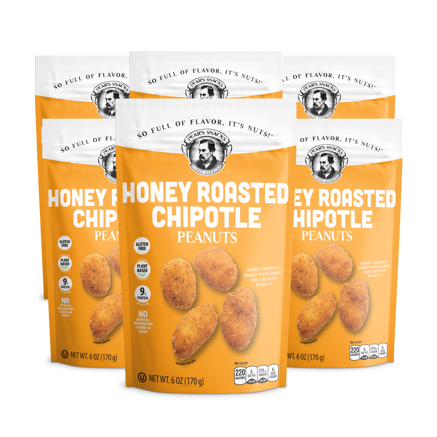 Three packages of Honey Roasted Chipotle Peanuts on a white background