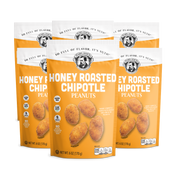 Three packages of Honey Roasted Chipotle Peanuts on a white background