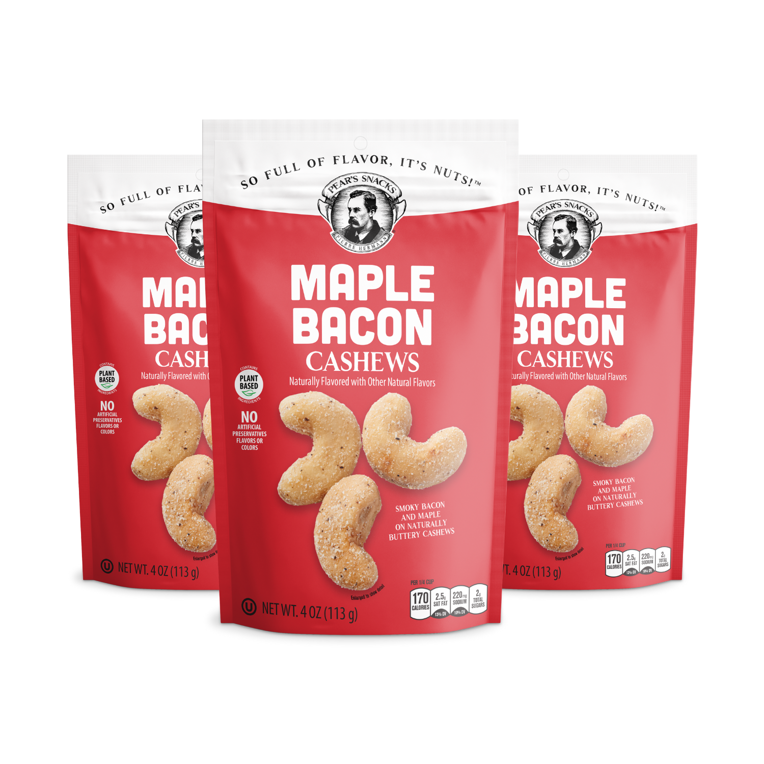 Three packages of Maple Bacon Cashews on a white background