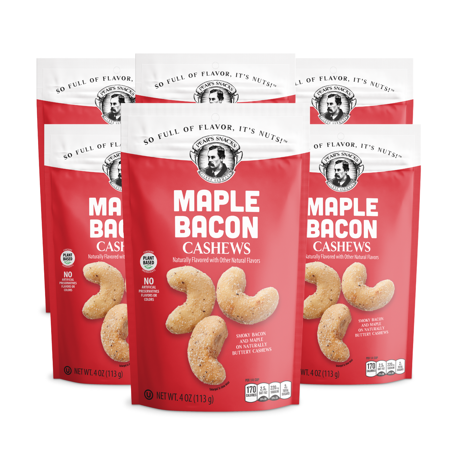 Three packages of Maple Bacon Cashews on a white background