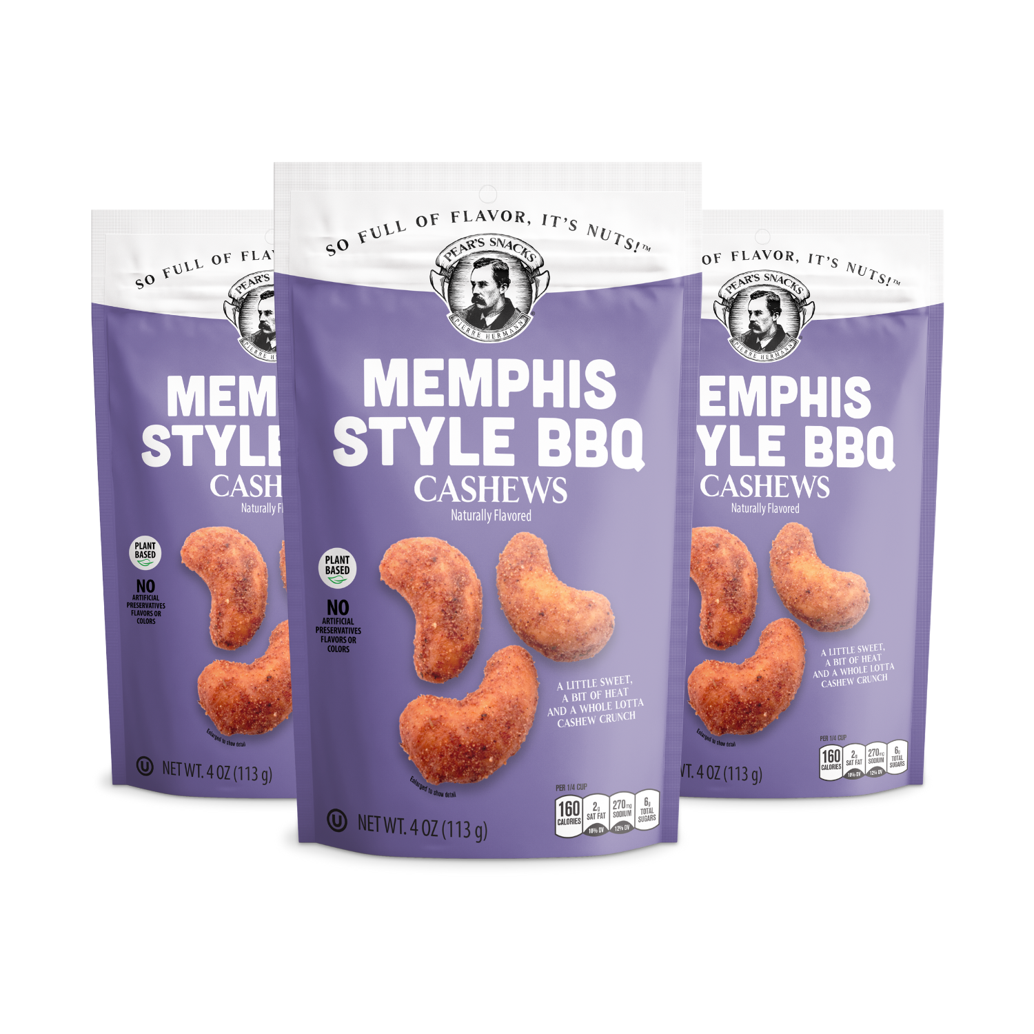 Three packages of Memphis Style BBQ Cashews on a white background