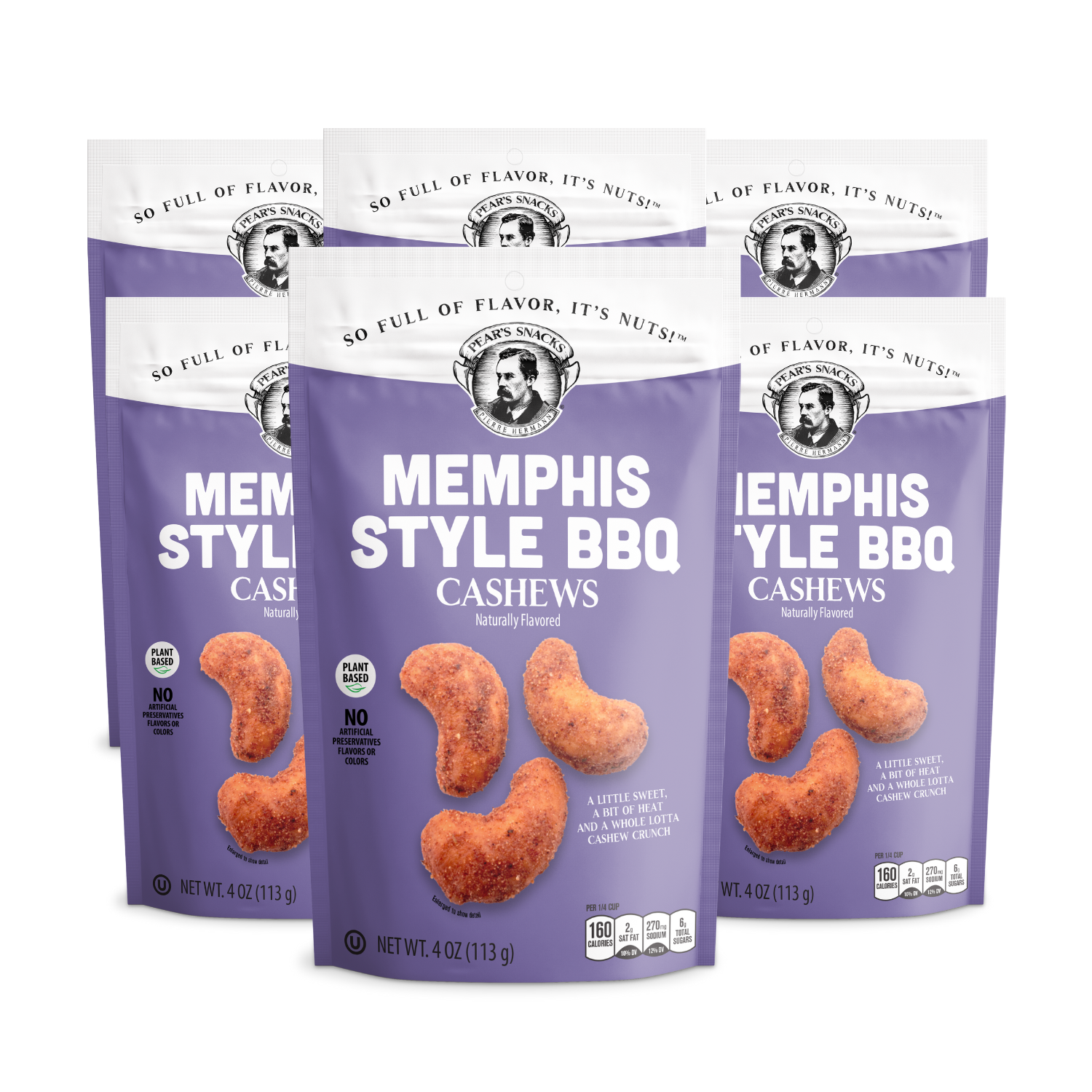 Three packages of Memphis Style BBQ Cashews on a white background
