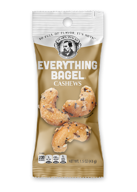 Packaged everything bagel single serve 1.5oz cashews with a brand logo on a white background