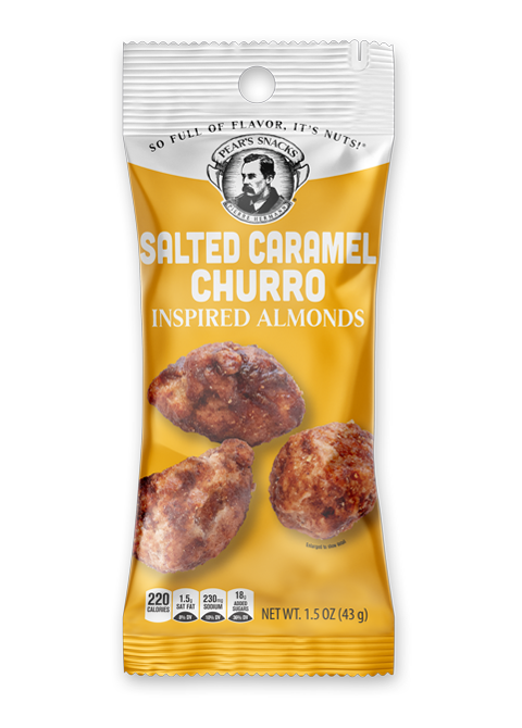 Packaged Salted Caramel Churro single serve 1.5oz Almonds with a brand logo on a white background