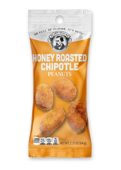 Packaged honey-roasted chipotle single serve 2.25oz peanuts with a brand logo on a white background