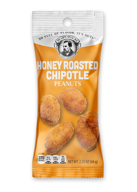 Packaged honey-roasted chipotle single serve 2.25oz peanuts with a brand logo on a white background
