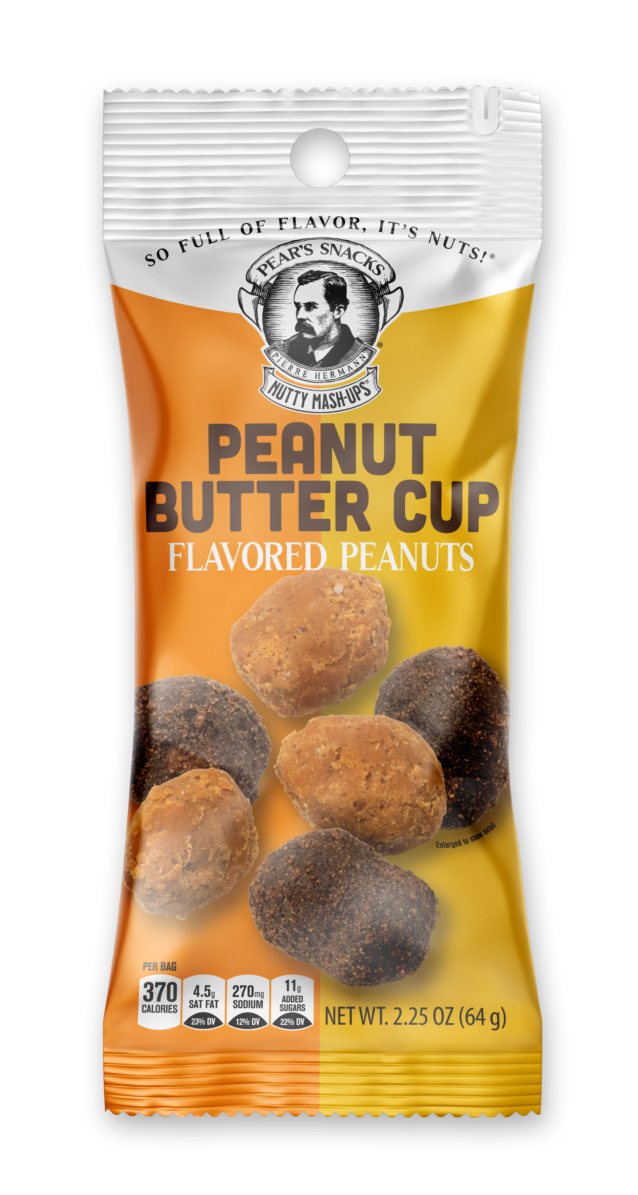 Packaged Peanut Butter Cup single serve 2.25oz peanuts with a brand logo on a white background