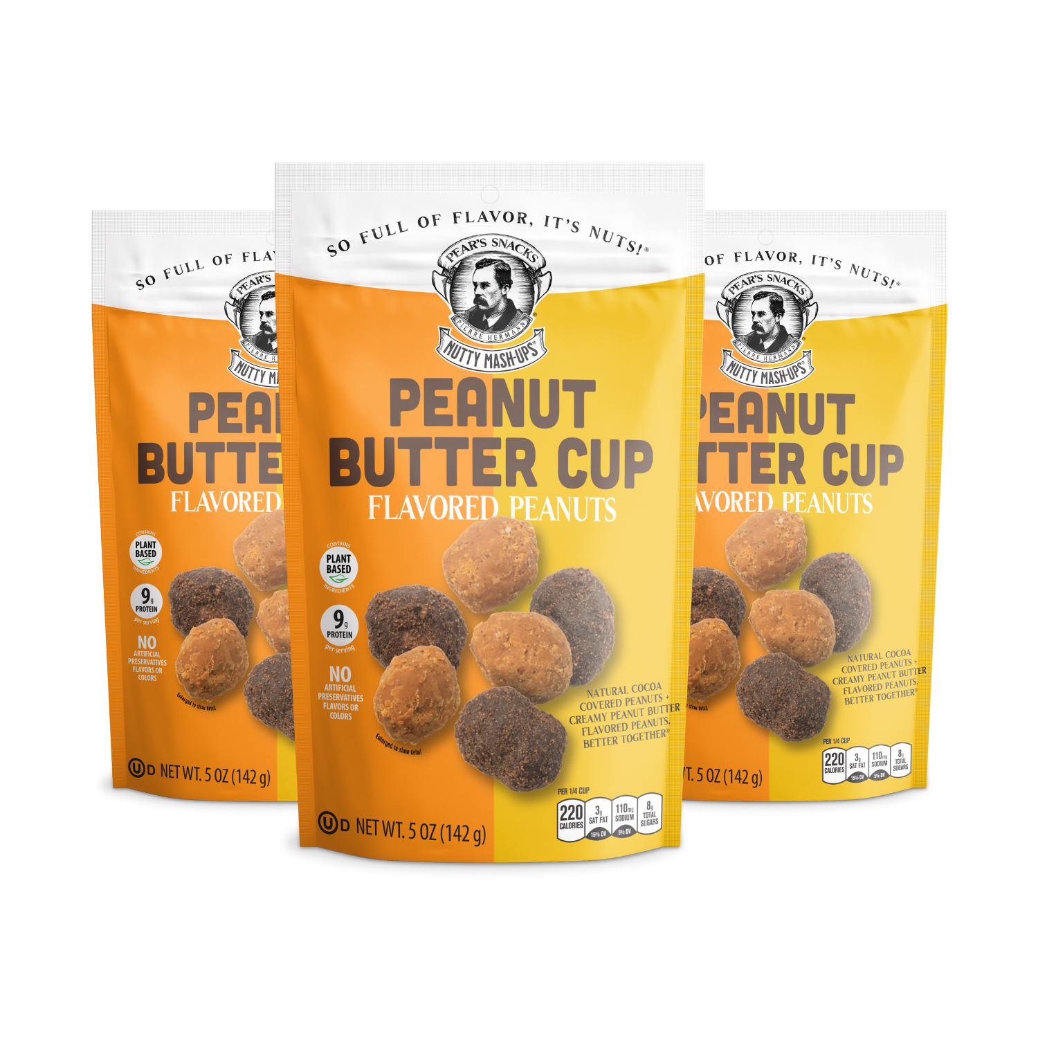 Three packages of Peanut Butter Cup flavored peanuts on a white background