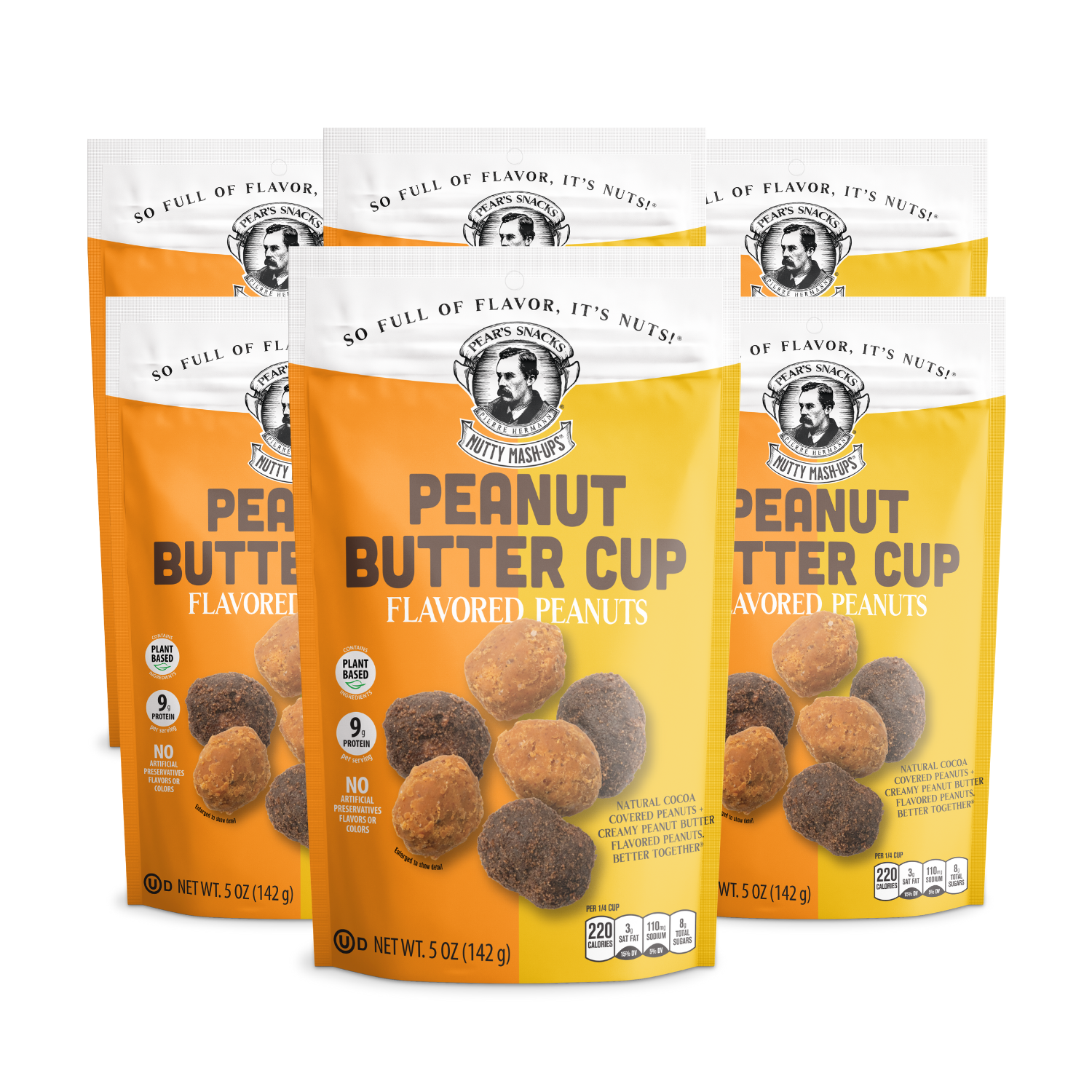 Three packages of Peanut Butter Cup flavored peanuts on a  backgroundhite