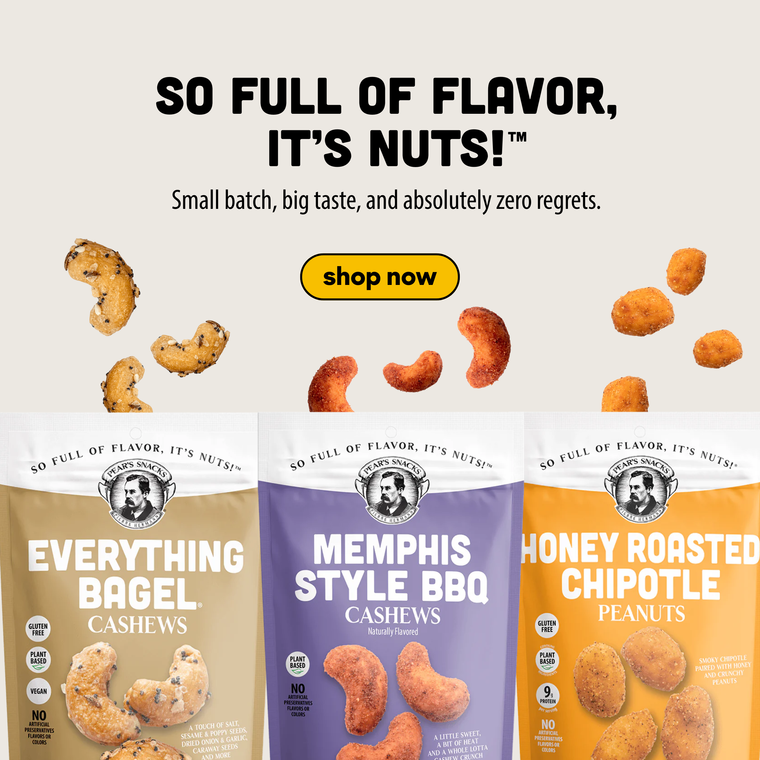 Three cashew snack packages with branding and flavor text on a white background.