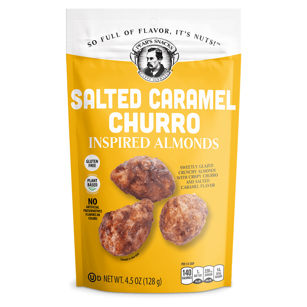 Salted Caramel Churro Inspired Almonds.  Image of the front portion of a single package. Gluten-Free. No Artificial Preservatives Flavors or Colors. Kosher Sweetly Glazed Crunchy Almonds with Crisp Churro and Salted Caramel Flavor