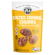 Salted Caramel Churro Inspired Almonds.  Image of the front portion of a single package. Gluten-Free. No Artificial Preservatives Flavors or Colors. Kosher Sweetly Glazed Crunchy Almonds with Crisp Churro and Salted Caramel Flavor