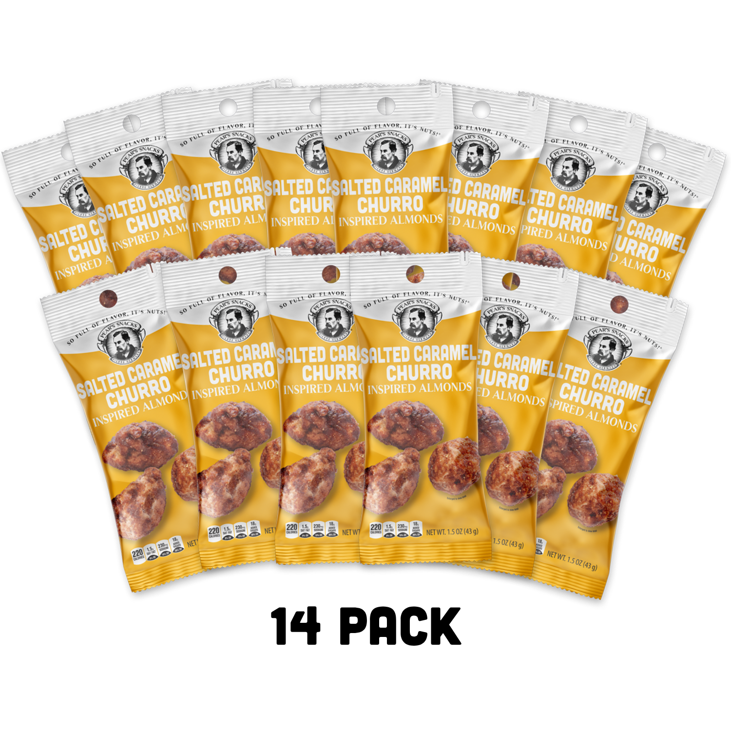 14 packs of salted caramel churro almonds on a white background