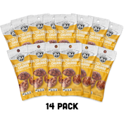 14 packs of salted caramel churro almonds on a white background