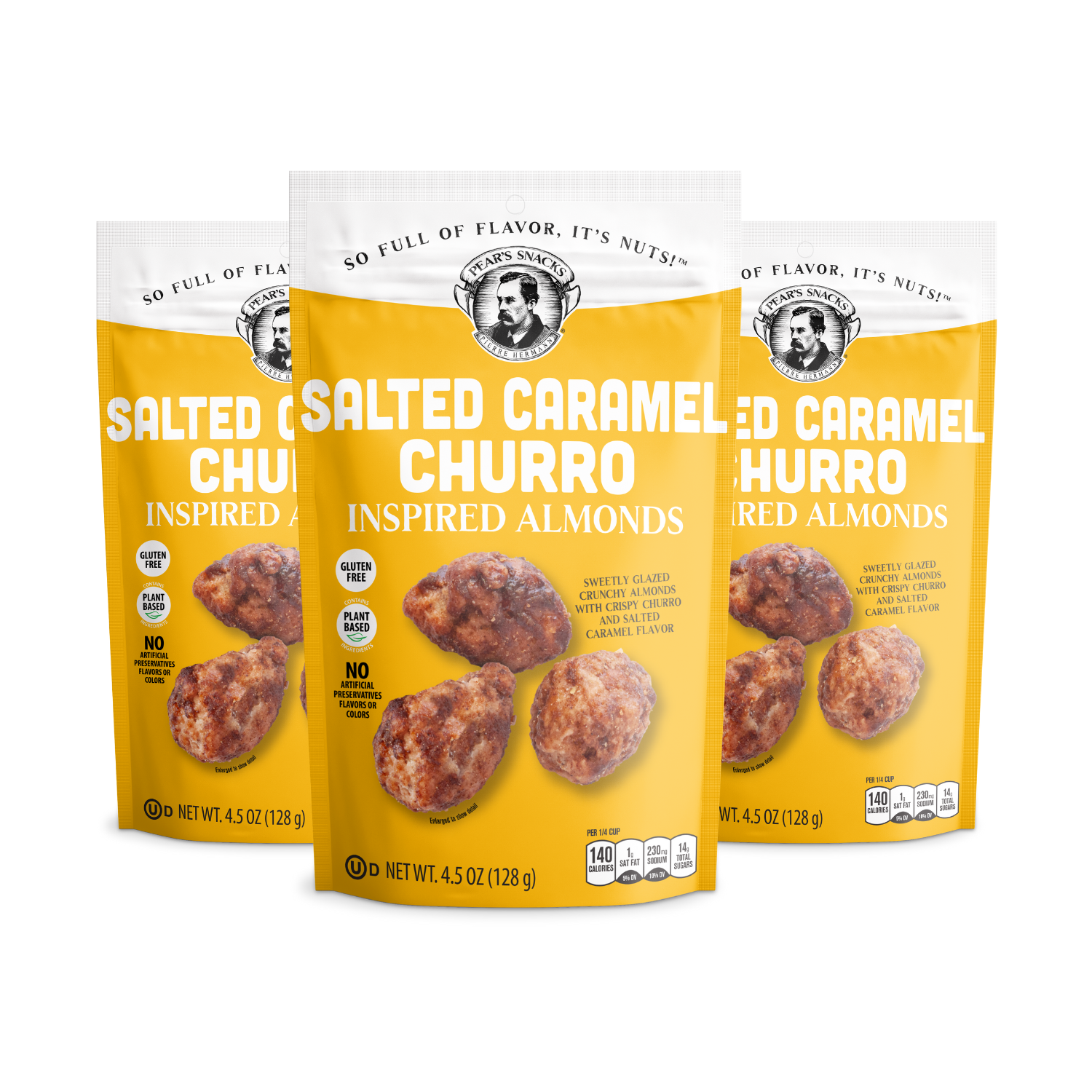Three packages of Salted Caramel Churro Inspired Almonds on a white background