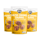 Three packages of Salted Caramel Churro Inspired Almonds on a white background