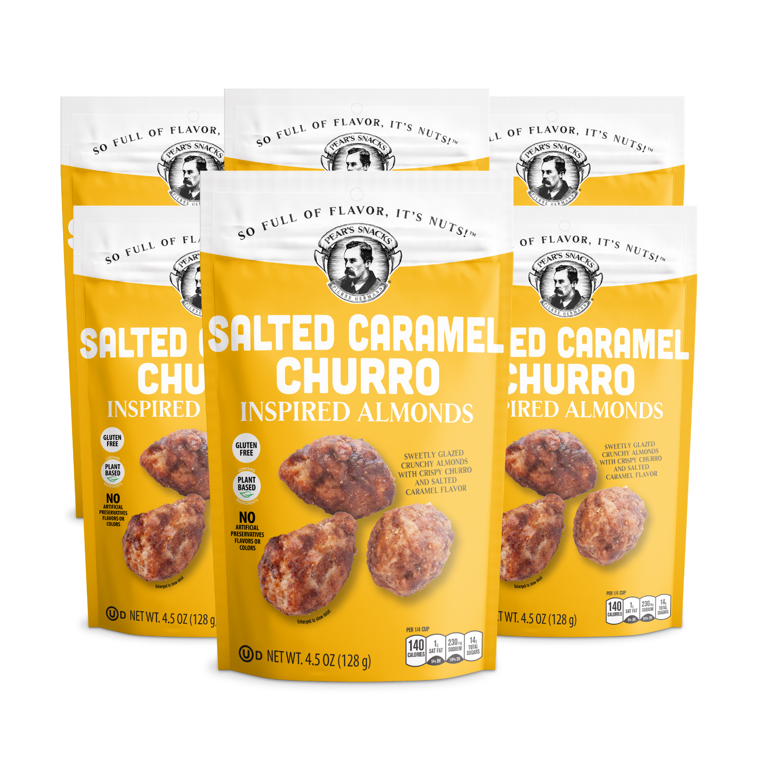 Three packages of Salted Caramel Churro Inspired Almonds on a white background