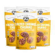 Three packages of Salted Caramel Churro Inspired Almonds on a white background