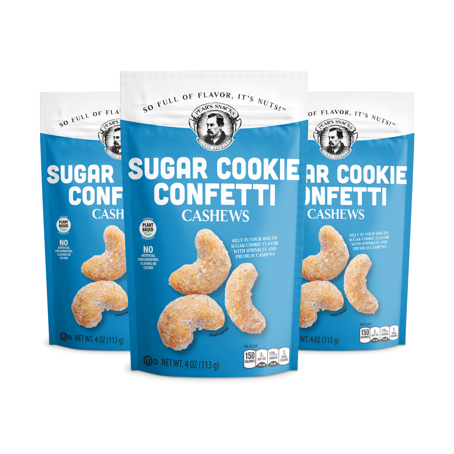 Three packages of Sugar Cookie Confetti Cashews on a white background