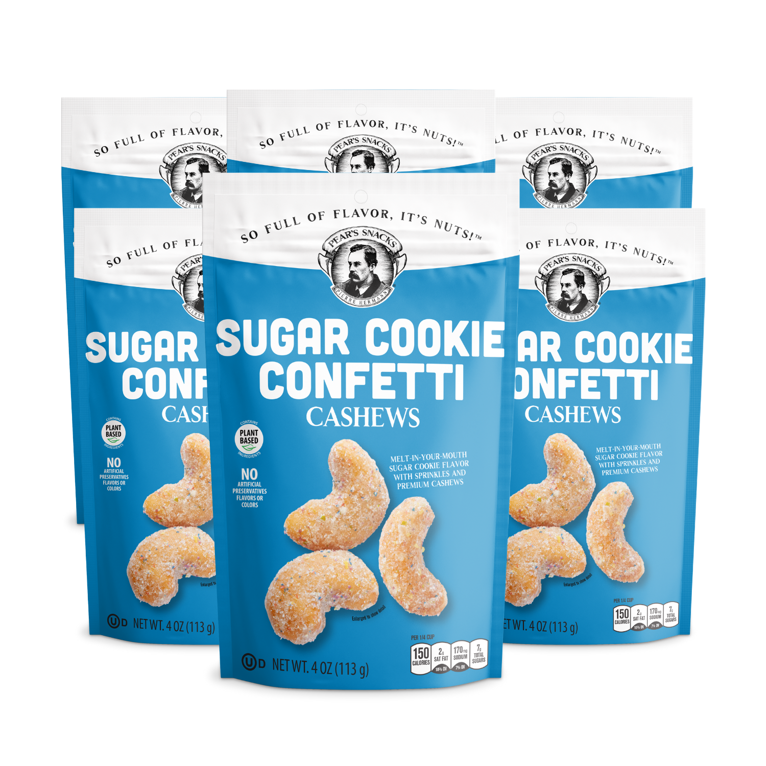 Three packages of Sugar Cookie Confetti Cashews on a white background