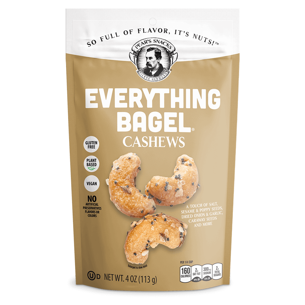 Everything Bagel® Cashews. You're going to go NUTS over this snack.  A touch of salt, Sesame & Poppy Seeds,  Dried Onion & Garlic, Caraway Seeds and More.