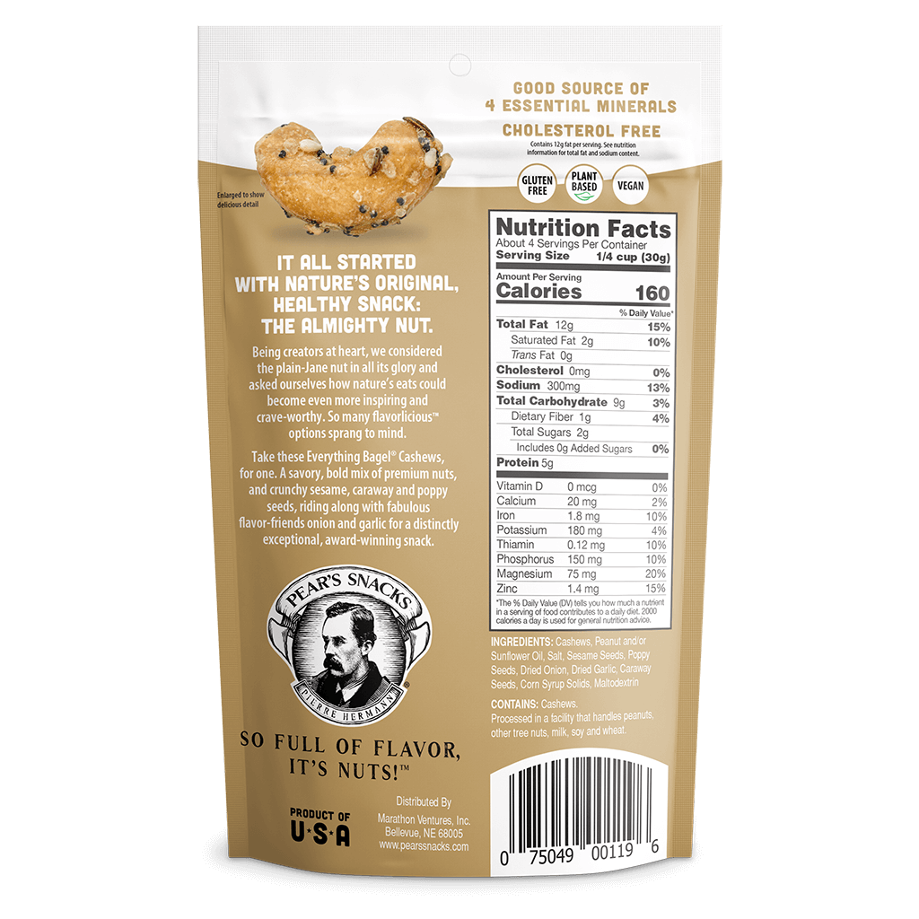 Everything Bagel® CashewsLove Everything Bagel seasoning on, well, everything? You're going to go NUTS over this snack. A savory, bold mix of premium cashews, and crunchy sesame, caraway and poppy seeds riding along with fabulous flavor-friends onion and