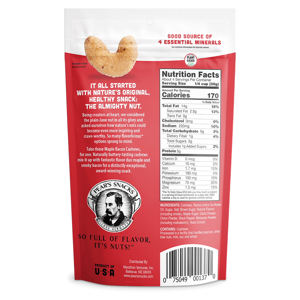 Maple Bacon CashewsYou know that moment when maple syrup streams off your pancakes and onto your salty bacon...and you’re kind of jazzed about it? Us, too. Naturally buttery-tasting cashews combine with fabulous maple and smoky bacon flavors to create thi
