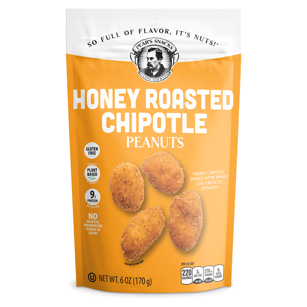Honey Roasted Chipotle Peanuts. Image of the front portion of a single package. Contains Plant Based Ingredients, No Artificial Preservatives, Flavors or Colors. Kosher. Gluten Free