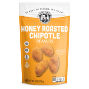 Honey Roasted Chipotle Peanuts. Image of the front portion of a single package. Contains Plant Based Ingredients, No Artificial Preservatives, Flavors or Colors. Kosher. Gluten Free
