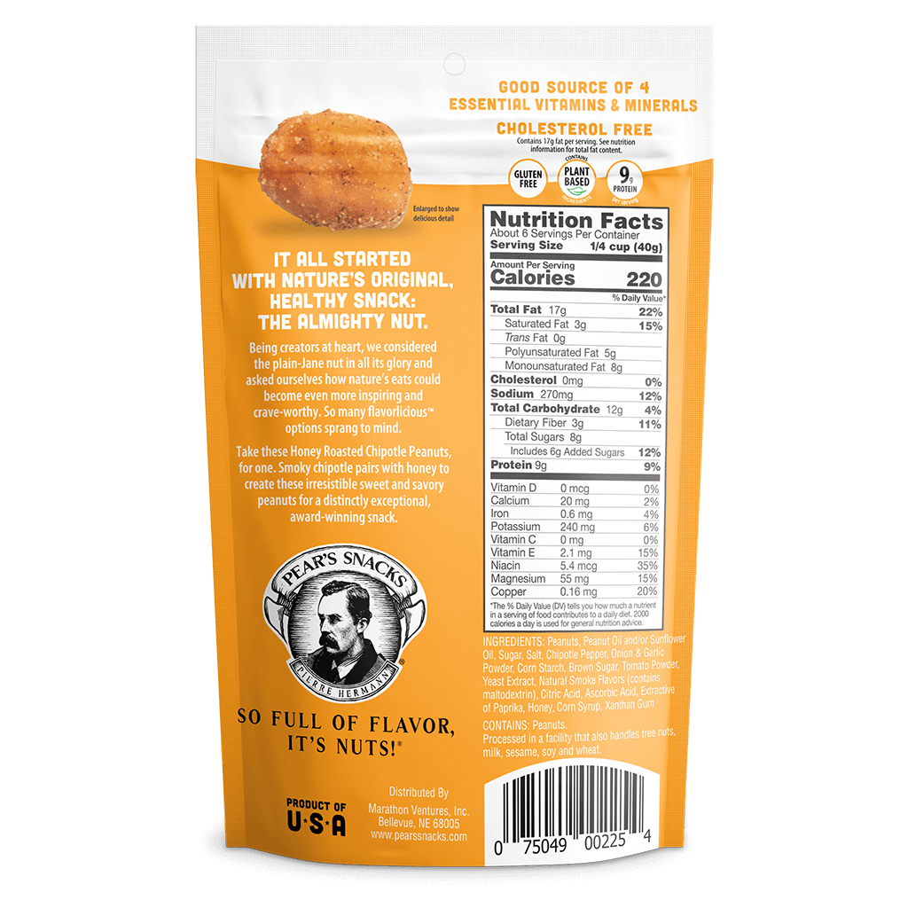 Honey Roasted Chipotle Peanuts. Honey Roasted Chipotle Peanuts. Image of the back portion of a single package. Ingredients: Peanuts, Peanut Oil and/or Sunflower Oil, Sugar, Salt, Chipotle Pepper, Onion & Garlic Powder, Corn Starch, Brown Sugar, Tomato Pow