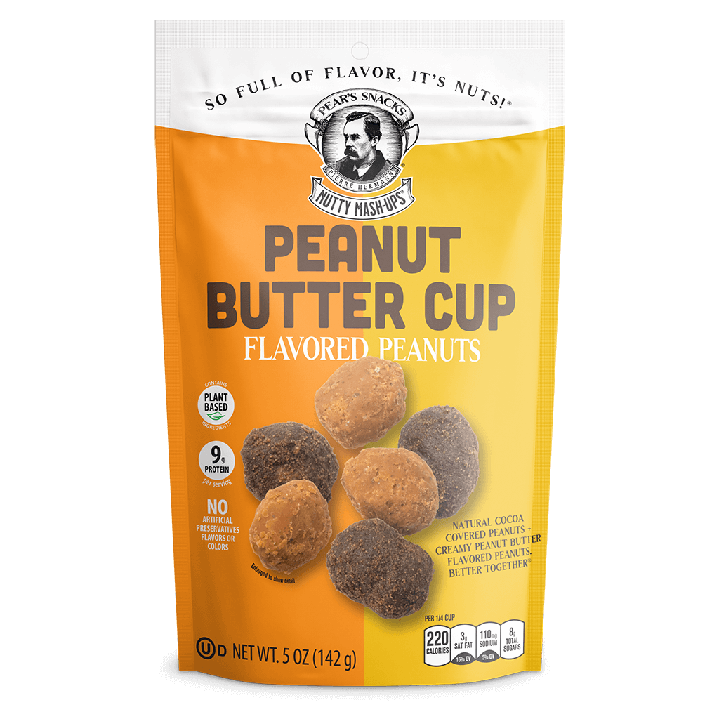 Peanut Butter Cup Flavored Peanuts. Image of the front portion of a single package. 9g Protein per Serving. Contains Plant-Based Ingredients, No Artificial Preservatives, Flavors or Colors. Kosher. Made in the USA.
