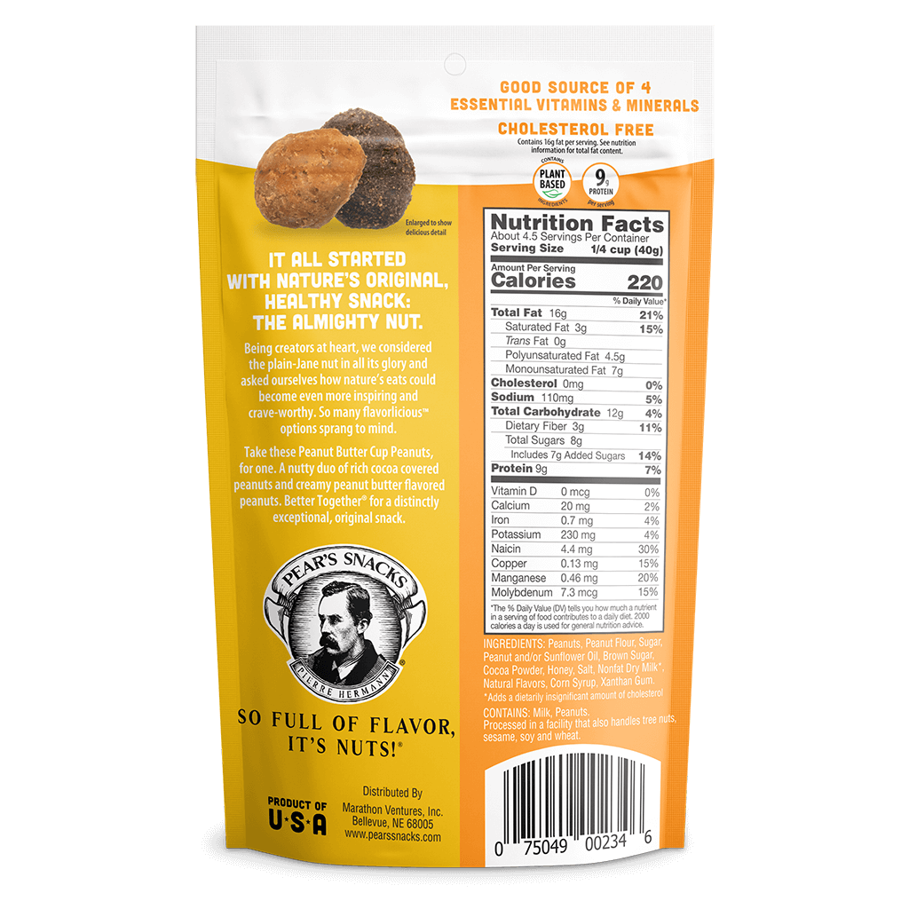 Peanut Butter Cup Flavored Peanuts. Image of the back portion of a single package. Ingredients: Peanuts, Peanut Flour, Sugar, Peanut and/or Sunflower Oil, Brown Sugar, Cocoa Powder, Honey, Salt, Nonfat Dry Milk*, Natural Flavors, Corn Syrup, Xanthan Gum.