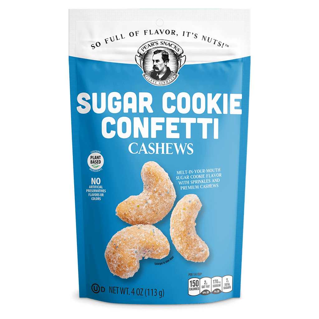 Sugar Cookie Confetti Cashews. Image of the front portion of a single package. Contains Plant-Based Ingredients, No Artificial Preservatives, Flavors or Colors, Kosher Made in the USA