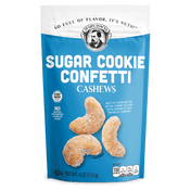 Sugar Cookie Confetti Cashews. Image of the front portion of a single package. Contains Plant-Based Ingredients, No Artificial Preservatives, Flavors or Colors, Kosher Made in the USA