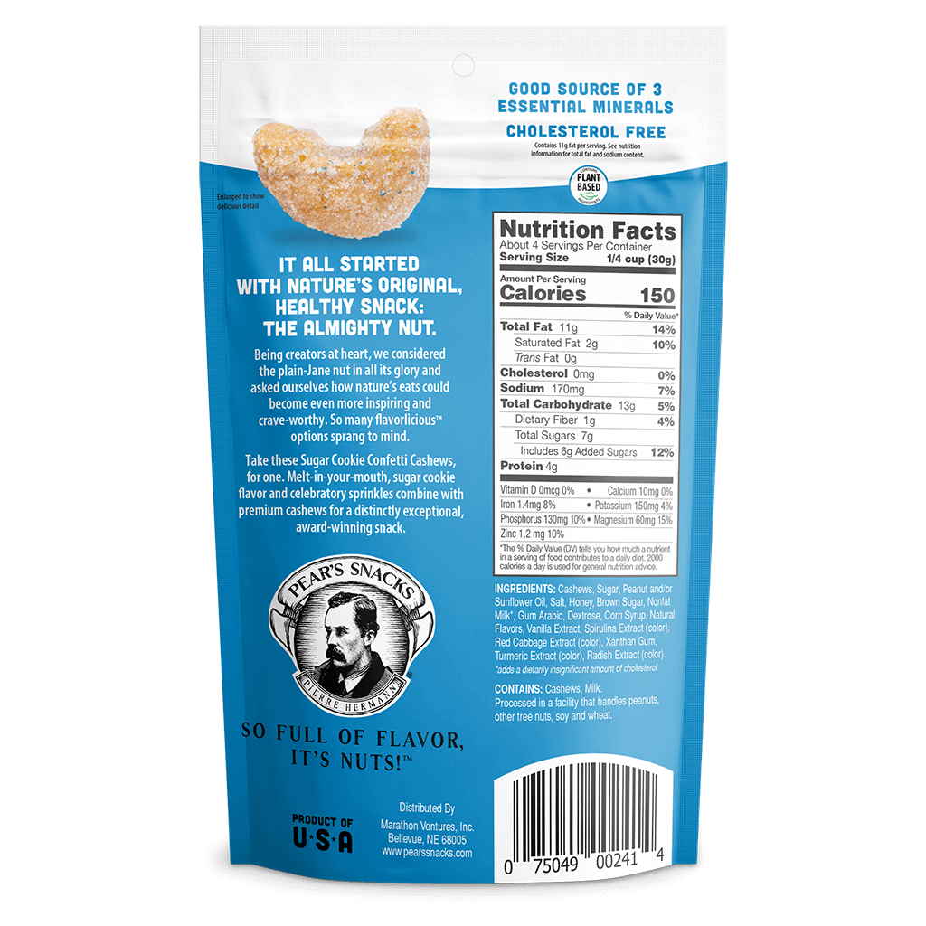 Sugar Cookie Confetti Cashews Image of the back portion of a single package. Ingredients: Cashews, Sugar, Peanut and or Sunflower Oil, Salt Honey, Brown Sugar, Nonfat Milk*, Gum Arabic, Dextrose, Corn Syrup Natural Flavors, Vanilla Extract, Spirulina Extr
