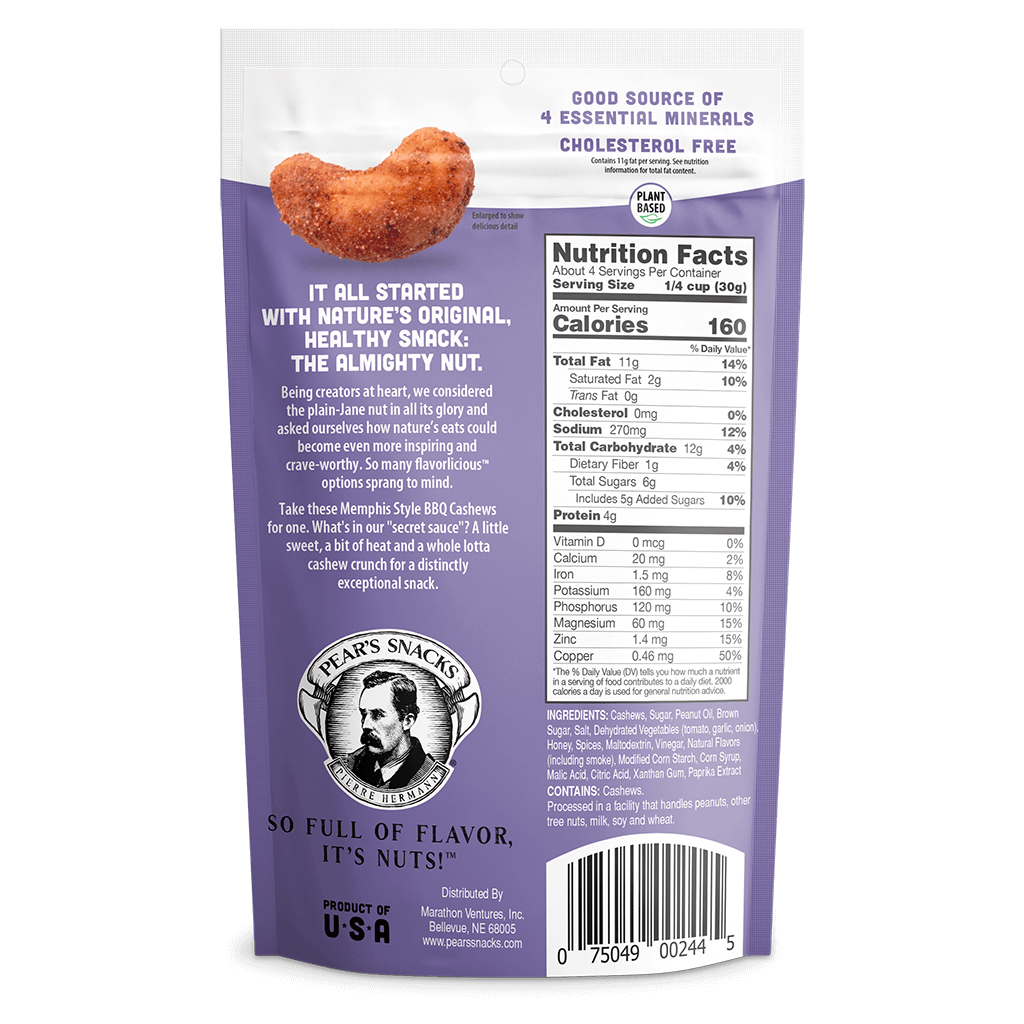 Memphis Style BBQ CashewsMemphis is well-known for its rich, complex BBQ, distinguished by varying levels of sweet, tang and a nice kick of heat. Cue up our Memphis Style BBQ Cashews. What's in our "secret sauce"? A little sweet, a bit of heat and a whole