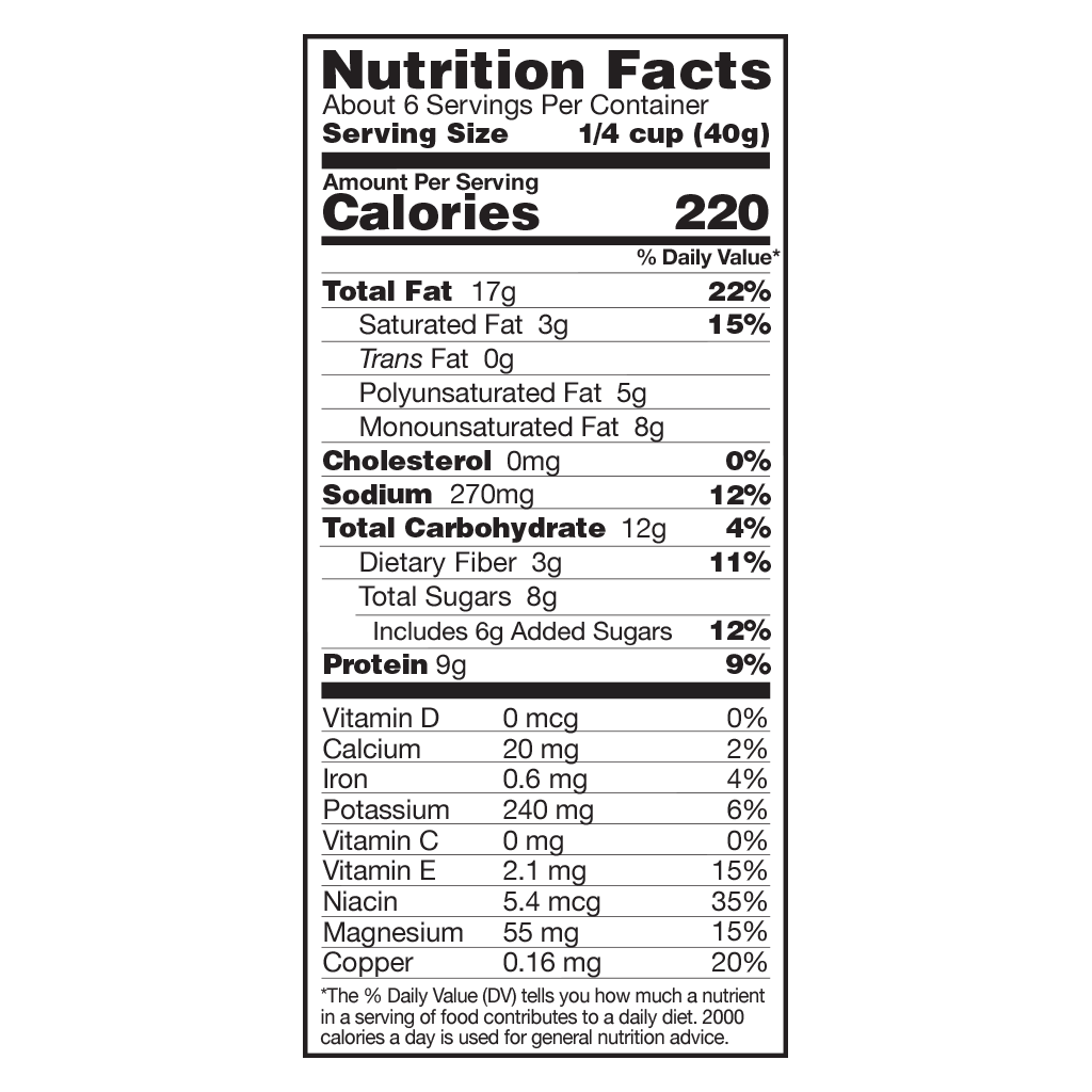Honey Roasted Chipotle Peanuts. Nutrition Facts. About 6 Servings Per Container. Serving Size 1/4 cup. Amount per Serving Calories 220. Total Fat 17g (22%). Cholesterol 0mg (0%). Sodium 270 mg (12%). Total Carbohydrate 12g (4%). Dietary Fiver 3g (11%). In