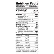 Peanut Butter Cup Flavored Peanuts. Nutrition Facts: About 4.5 Servings per container. Serving Size 1/4 cup (40g). Amount per serving: Calories 220. Total Fat 16g (21%). Cholesterol 0mg (0%). Sodium 110mg (5%). Total Carbohydrate 12g (4%). Dietary Fibe
