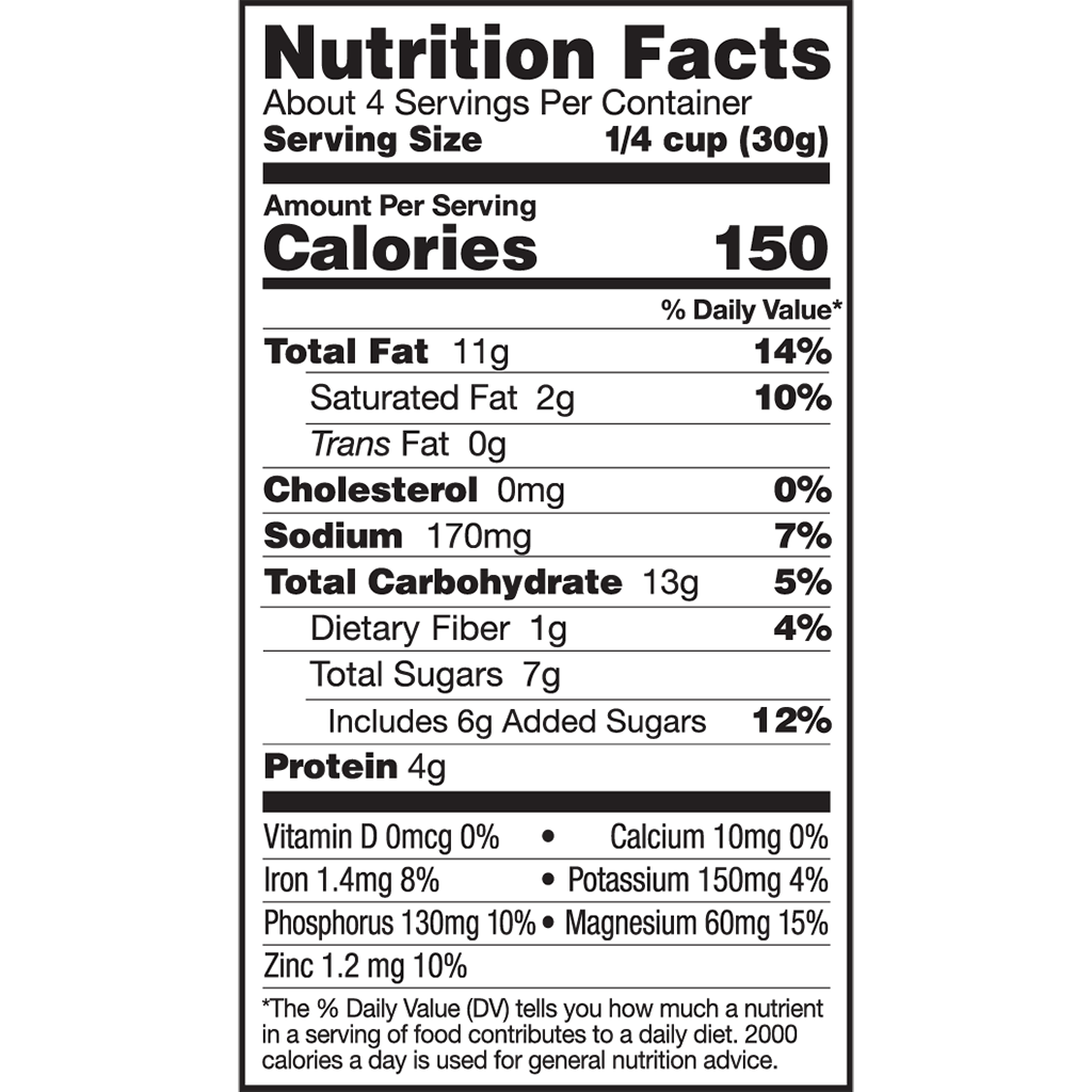 Sugar Cookie Confetti Cashews - Nutrition Facts: About 4 Servings per container. Serving Size is 1/4 cup (30g). Amount per Serving: Calories 150. Total Fat 11g (14%). Saturated Fat 2g (10%). Trans Fat 0g. Cholesterol 0mg (0%). Sodium 170mg (7%). Total Car