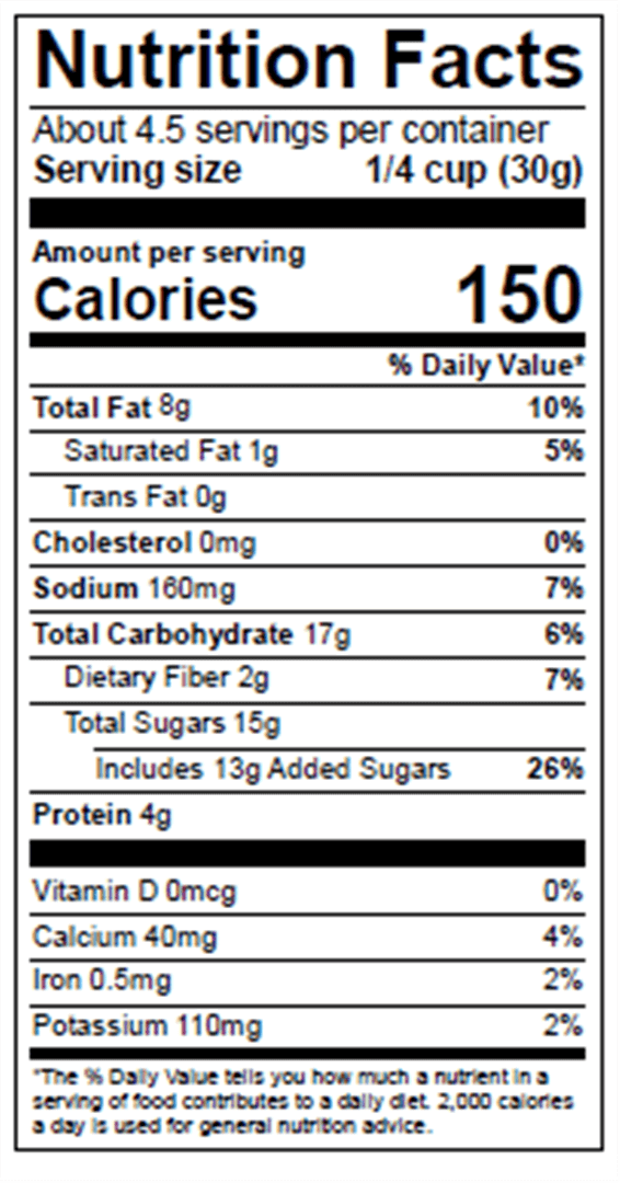Salted Caramel Churro Inspired Almonds. Nutrition Facts. About 4.5 servings per container. Serving Size 1/4 cup (30g). Amount per serving Calories 150. Total Fat 8g (10%). Cholesterol 0mg (0%). Sodium 160mg (7%). Total Carbohydrate 17g (6%). Dietary Fibe