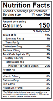 Salted Caramel Churro Inspired Almonds. Nutrition Facts. About 4.5 servings per container. Serving Size 1/4 cup (30g). Amount per serving Calories 150. Total Fat 8g (10%). Cholesterol 0mg (0%). Sodium 160mg (7%). Total Carbohydrate 17g (6%). Dietary Fibe