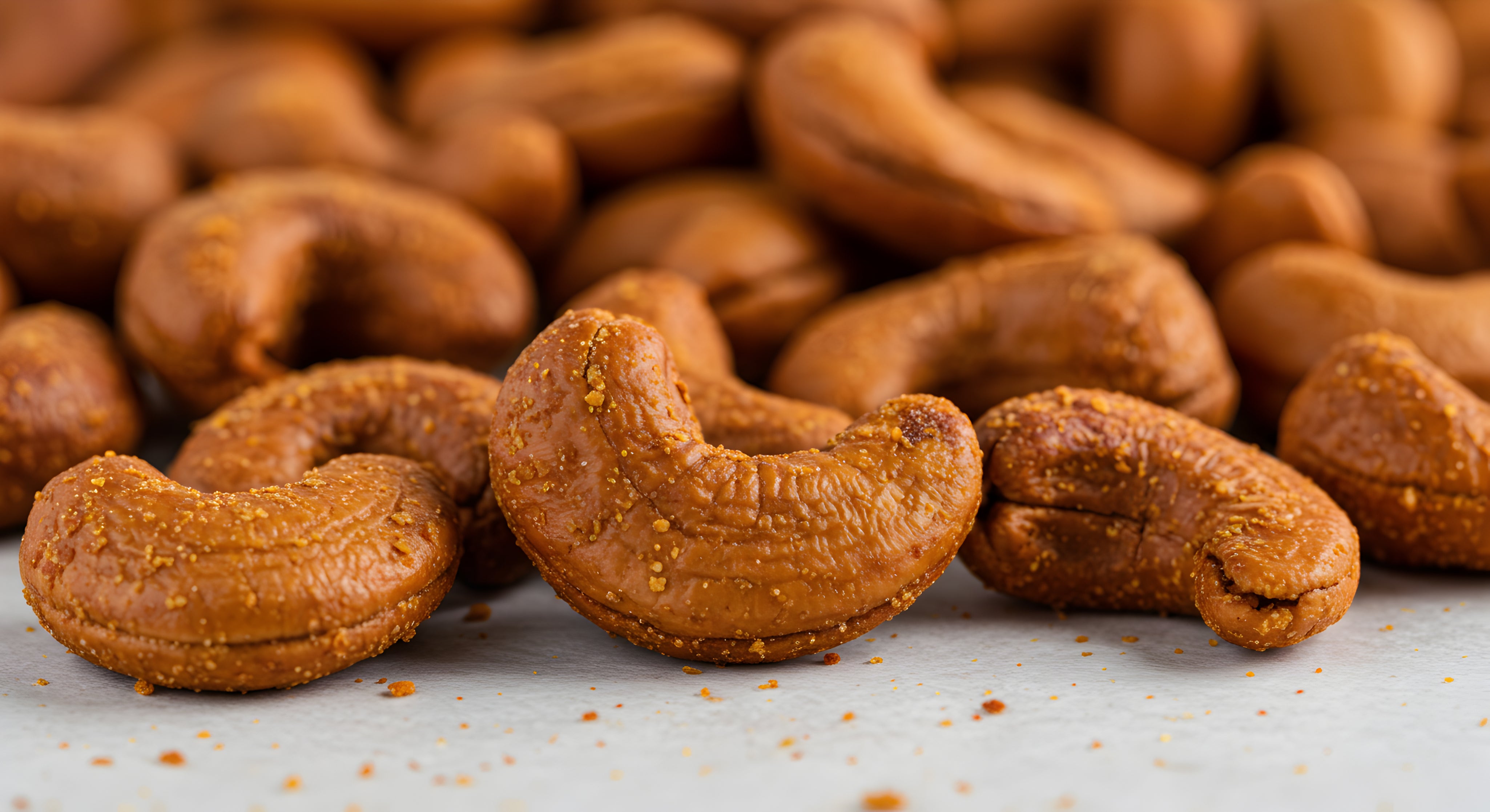 Close-up of roasted cashews on a light background