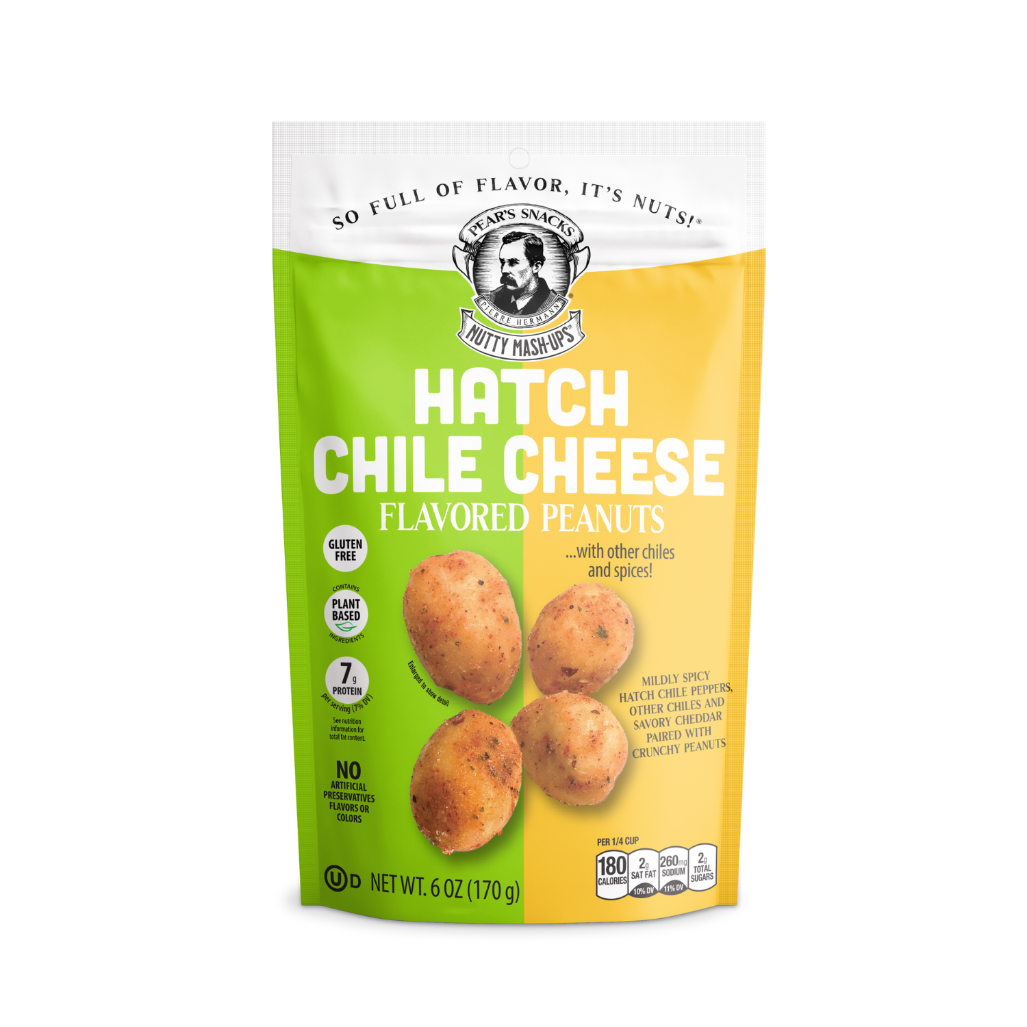 Packaging of Hatch Chile Cheese flavored peanuts with brand logo and product details on a white background.