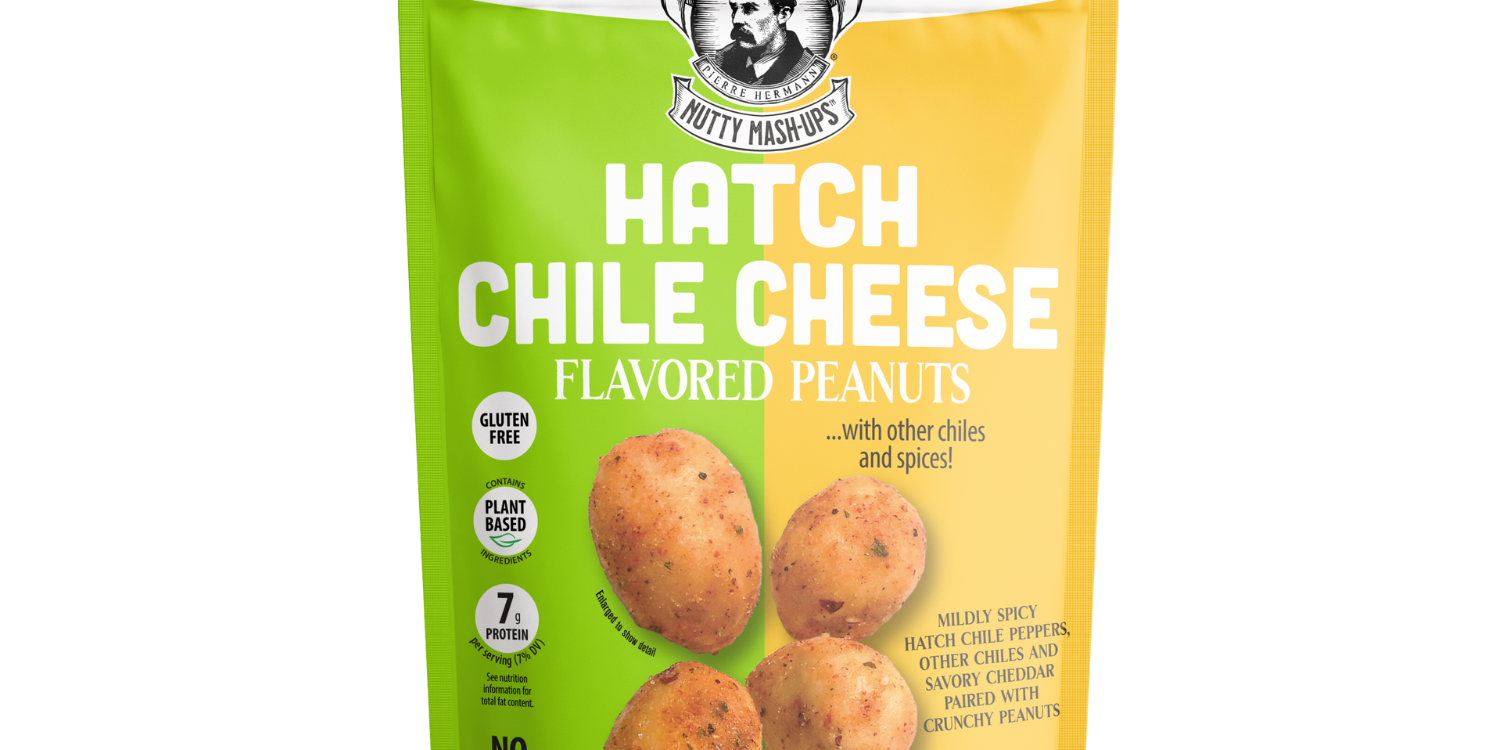 Packaging of Hatch Chile Cheese flavored peanuts with brand logo and product details on a white background.