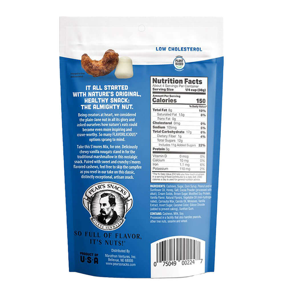 S'mores Mix Cashews & Nougat Drops. Enjoy the classic campfire flavor with S'mores Mix featuring Cashews & Vanilla Nougat Drops. Perfect for an on-the-go indulgence anytime, anywhere